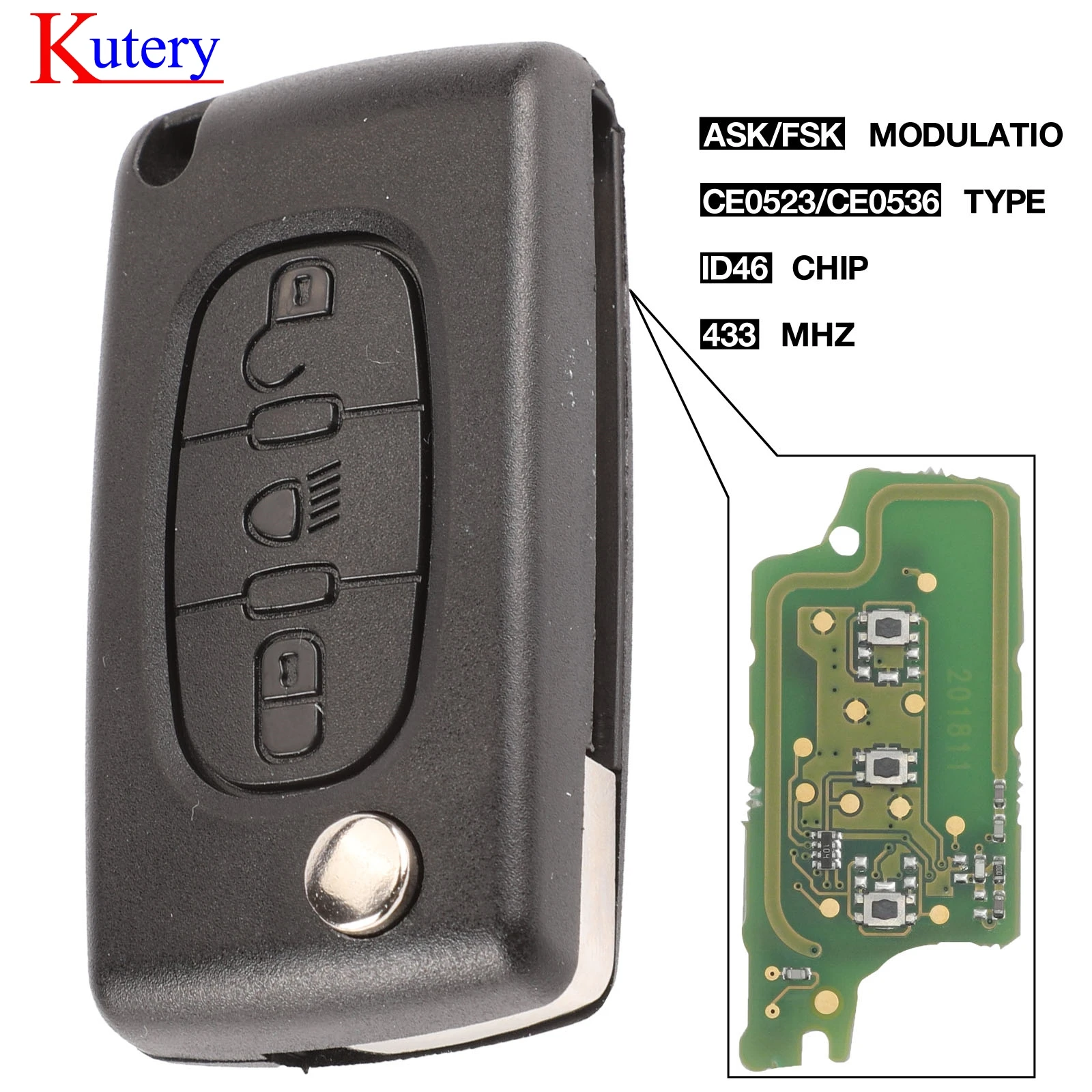 Kutery 10 шт. ASK/FSK 433 МГц ID46 для Citroen C2 C3 C4 C5 C6 C8 3 кнопочный светильник дистанционный