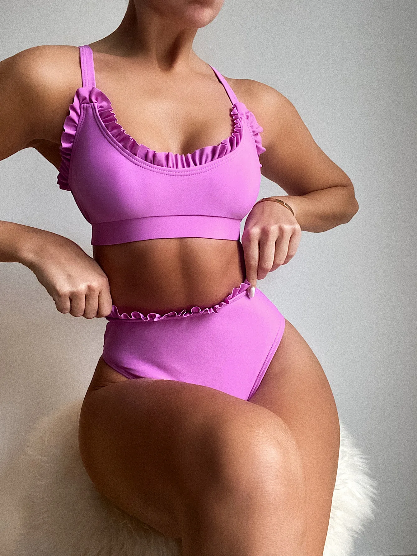 

New style bikini solid color pleated two-piece split swimsuit women