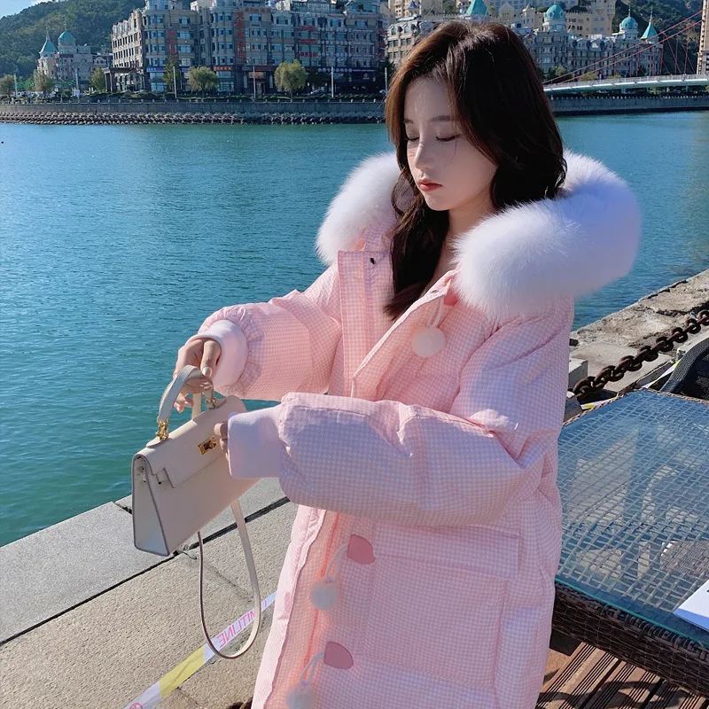 Pink Down Cotton-padded Jacket Girls' Long Winter Students Korean Version of Loose Big Fur Collar Bread Clothes Cotton Coat