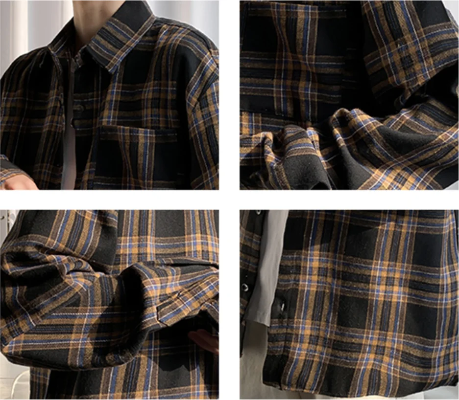 

Men Vintage Plaid Shirts Button Up Long Sleeve Loose Outwear Retro Ins All-match Stylish BF Harajuku Shirt Male Fit Cozy Shirt