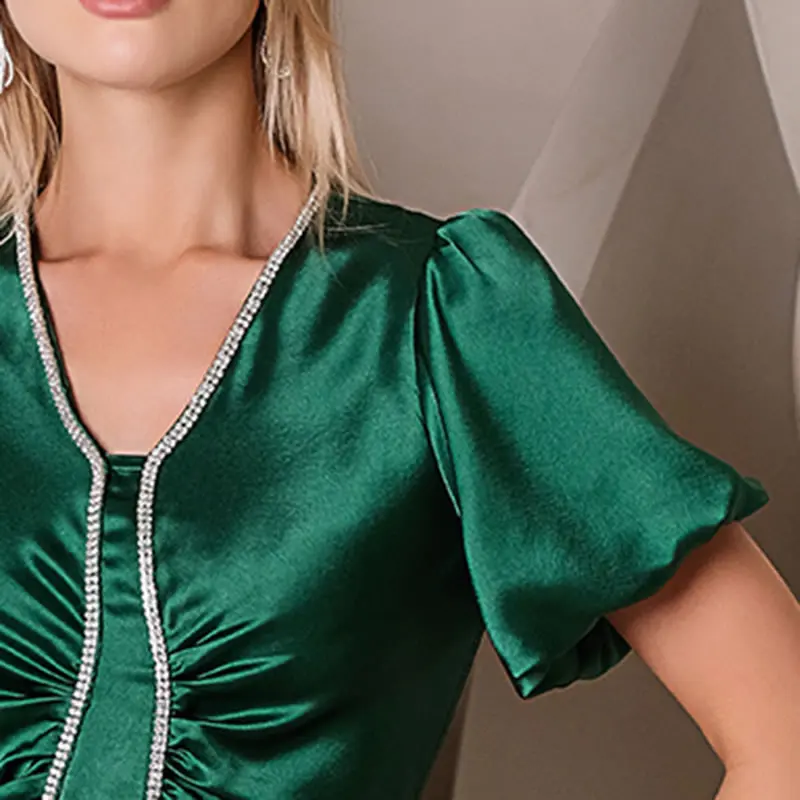 

XITAO Solid Green Women Evening Dress Folds Splicing Diamond V-neck Collar Puff Sleeve Summer New Fashion Temperament WLD6463