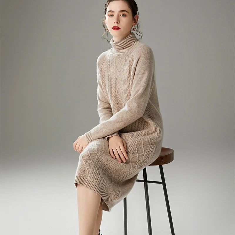 

Pullover Dress Knitting Autumn Winter Women's Urban Casual 100% Pure Wool Dress High Collar Thickened Loose Knit Dress