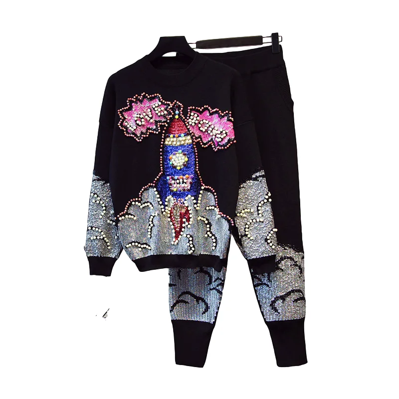 

Spring Autumn Fashion Black Gray Knitted Tracksuit Women Set Sequins Beading Sweater Long Pants 2pc Female Loose Casual Knit Set