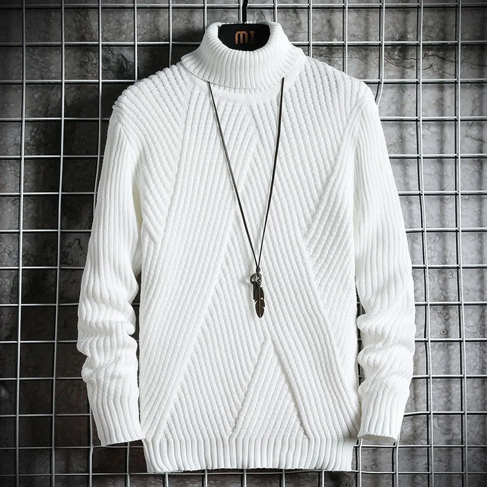 DIMI Men Solid Color Irregular Stripes Korean Fashion Sweater Mock Neck Sweater Knit Pullovers Autumn Slim Fit Fashion Clothing