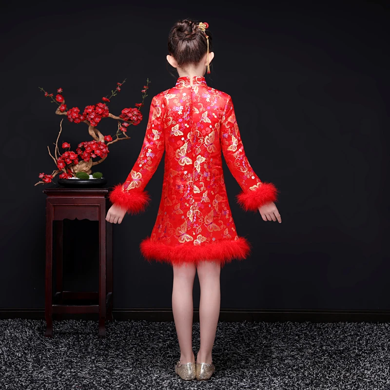 Красное шелковое атласное платье Чонсам для девочек принцессы свадебвечерние