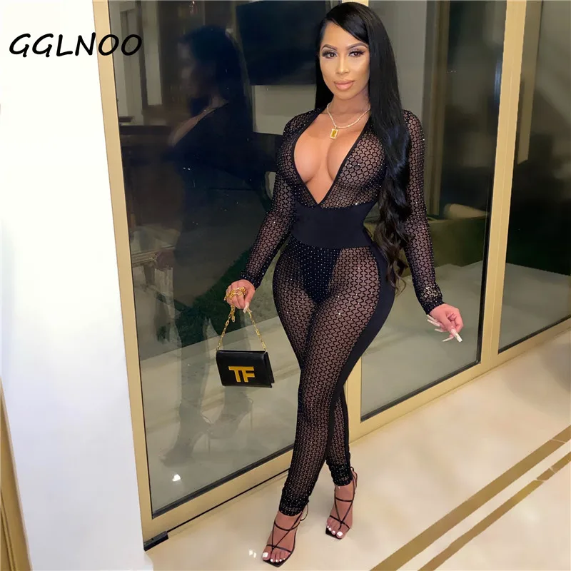 

GGLNOO Gauze See Though Mesh Splicing Romper Women Deep V-neck Jumpsuit Long Sleeve Sexy Club Party Bodycon One Piece Overall