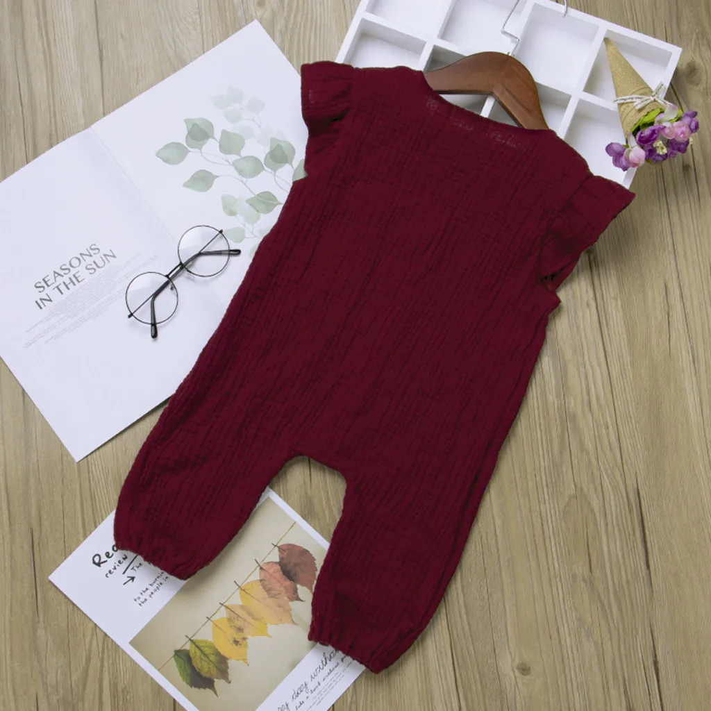 Детский однотонный комбинезон из хлопка и льна с рукавами фонариками оборками