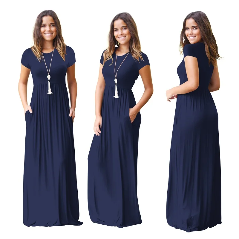 

Summer women short sleeve tunic plain maxi dress Casual long dresses with pocket cloth 2xl purple green black burgundy dress