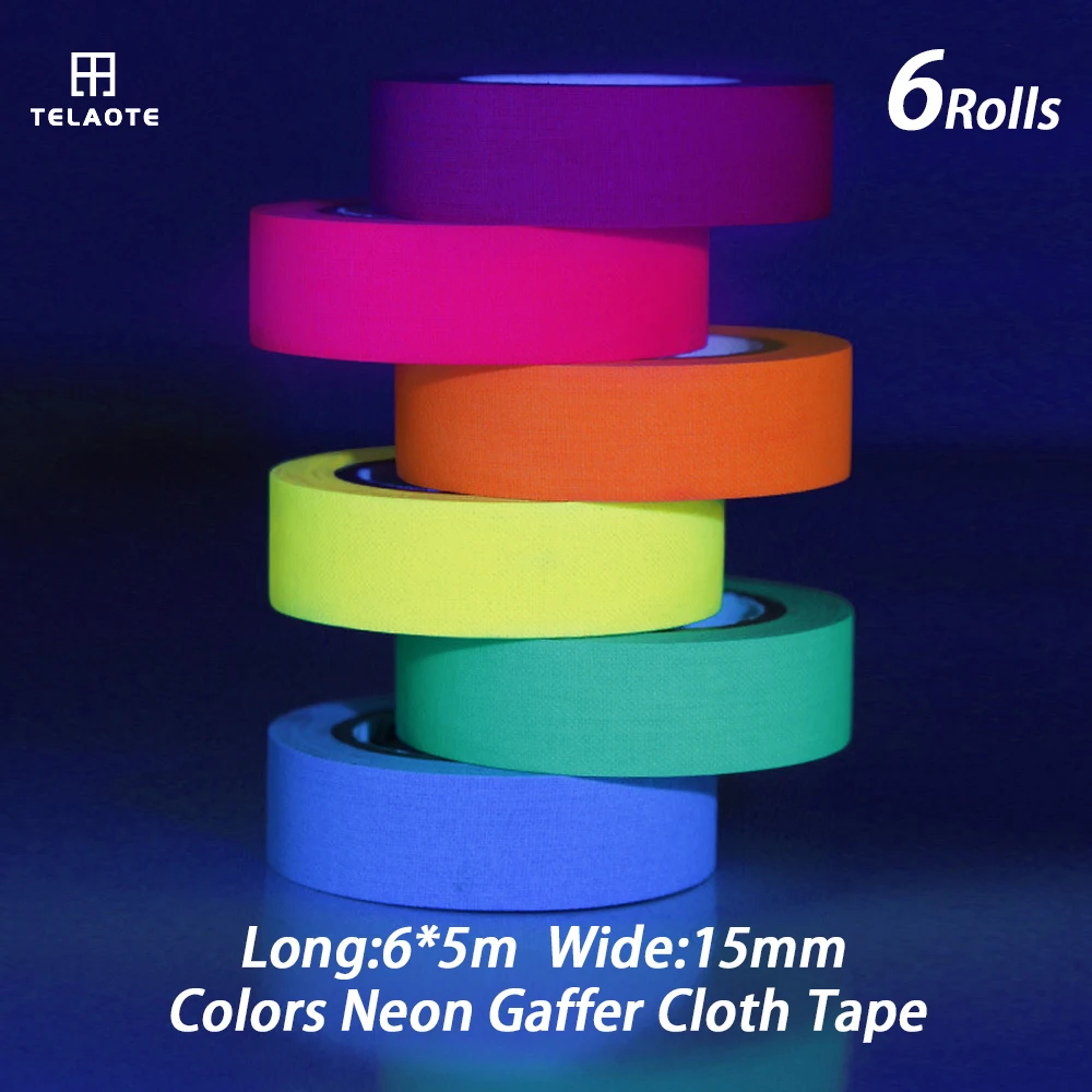 

6 Colors Neon Gaffer Cloth Tape 5M Fluorescent UV Blacklight Glow in The Dark Tape for UV Party Sticker Scrapbook Diary