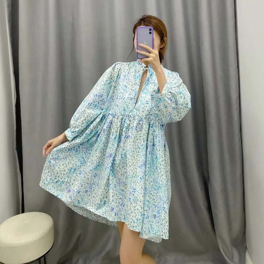 Женское платье с длинным рукавом ZA синее до колена цветочным принтом и круглым