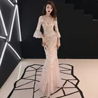 Женское длинное банкетное вечернее платье, элегантное платье цвета шампанского с рукавами 2020, с пайетками, для ежегодвечерние, выпускного вечера, 34