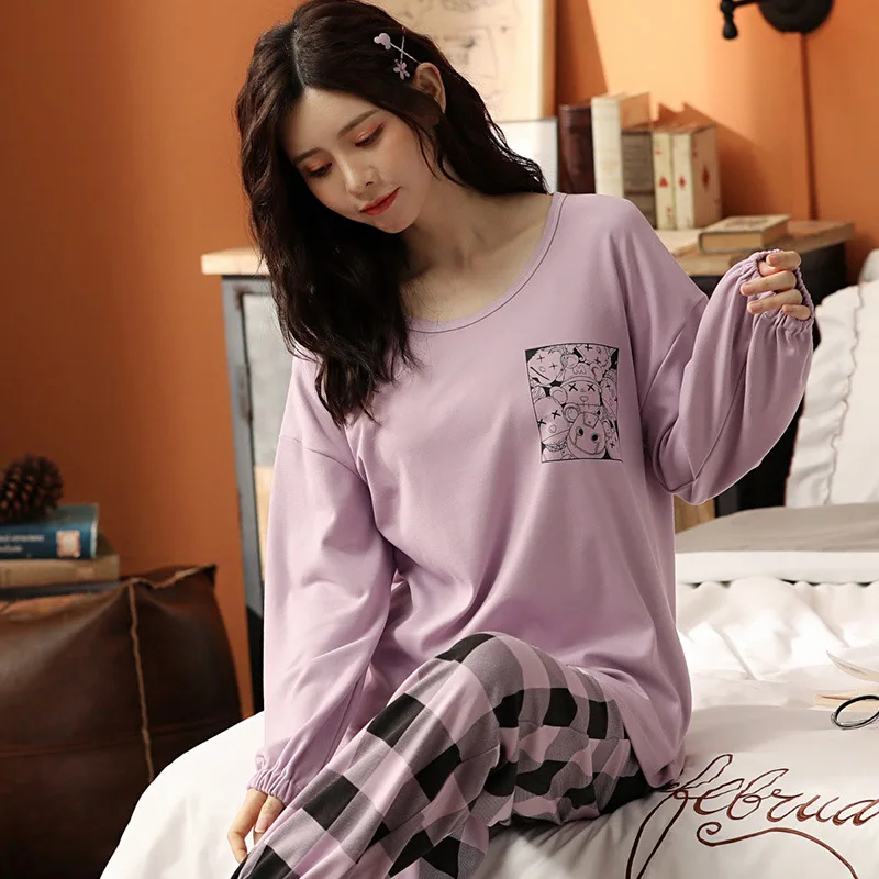 Pajamas Women's Spring Autumn Cotton Nightwear Long Sleeve Large Size Sleepwear Home Wear Suit Night Wear Cartoon