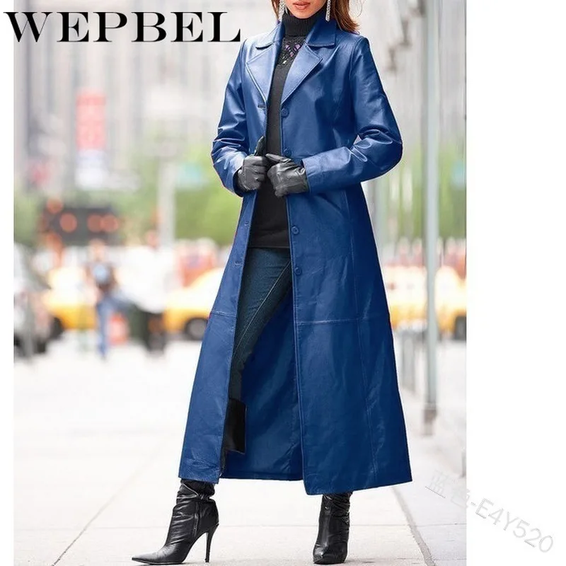 

Куртка WEPBEL с лацканами Байкерская Женская модная Длинная кожаная куртка повседневный свободный однотонный длинный Тренч на пуговицах паль...