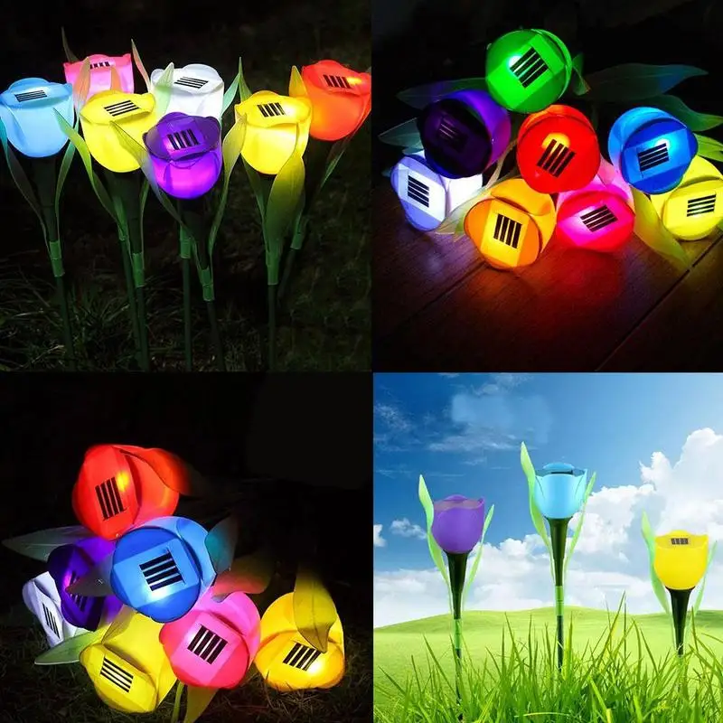 

Fashion Solar Powered Tulip Flower Shape Standing Garden Lights Plastic Material LED Lawn Lamp 8 Color Can Choose