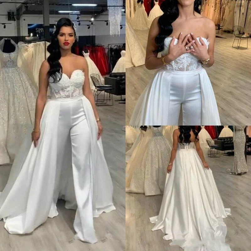 

Lace Stain Women Elopement Wedding Dresses Jumpsuits with Removable Skirt Strapless Abiye Dubai Bride Wedding Gowns Pant Suit