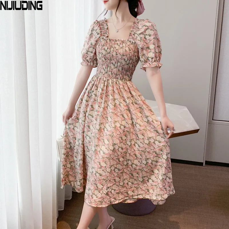 

Chic Square Collar Long Dress Women Short Sleeve Elegant Floral Printed Chiffon Beach Dress Female Pleated Puff Sleeve Vestidos