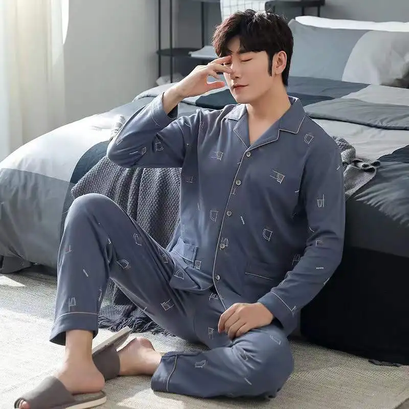 100% Cotton Pijama For Men Turn-Down Collar Spring Autumn Lounge Sleepwear Pyjamas 2-Piece Set Home Clothes Male Homewear