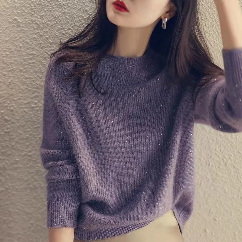 Элегантный женский свитер вязаный базовый пуловер с блестками корейский