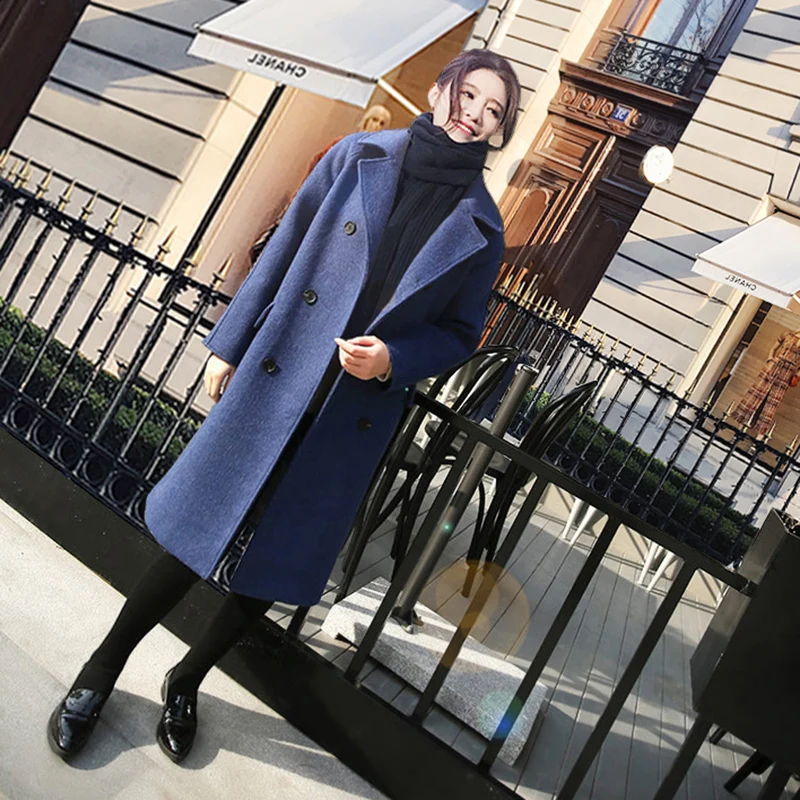 

2019 Autumn winter New Women Straight Slim Thin Double-Breasted Wool coat Female Long Thick Smog Blue Woolen jacket 5XL Outwear
