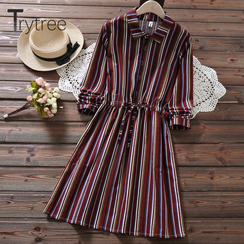 Trytree Autumn Women Dress Casual Turn-down Collar Striped Shirt Dresses Adjustable Drawstring A-Line Office Lady Button | Женская