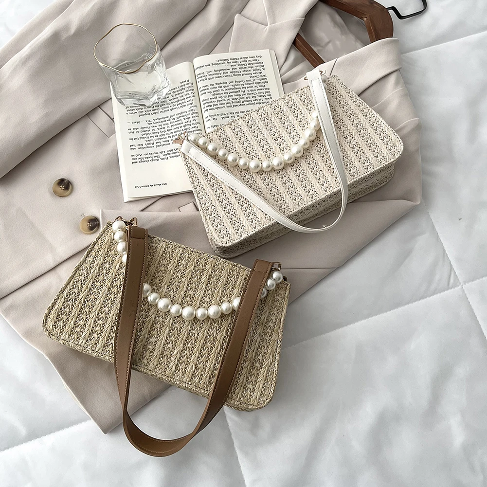 

Vintage Women Woven Pure Color Shoulder Underarm Bag Casual Ladies Summer Beach Vacation Small Pearl Chain Handbags Purse