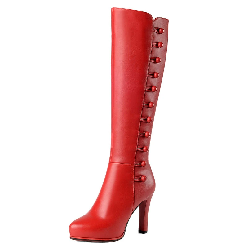 

Женские сапоги до колена из натуральной кожи, сапоги на высоком каблуке, зимние модные привлекательные женские длинные сапоги черного и кра...