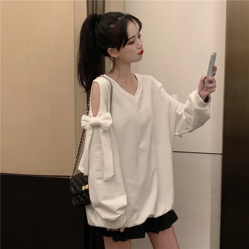 

Kimutomo Chic Bow Hollow Sweatshirt Women Solid Off shoulder Top Women Autumn 2021 New Korean Loose White Long-sleeved Clothes