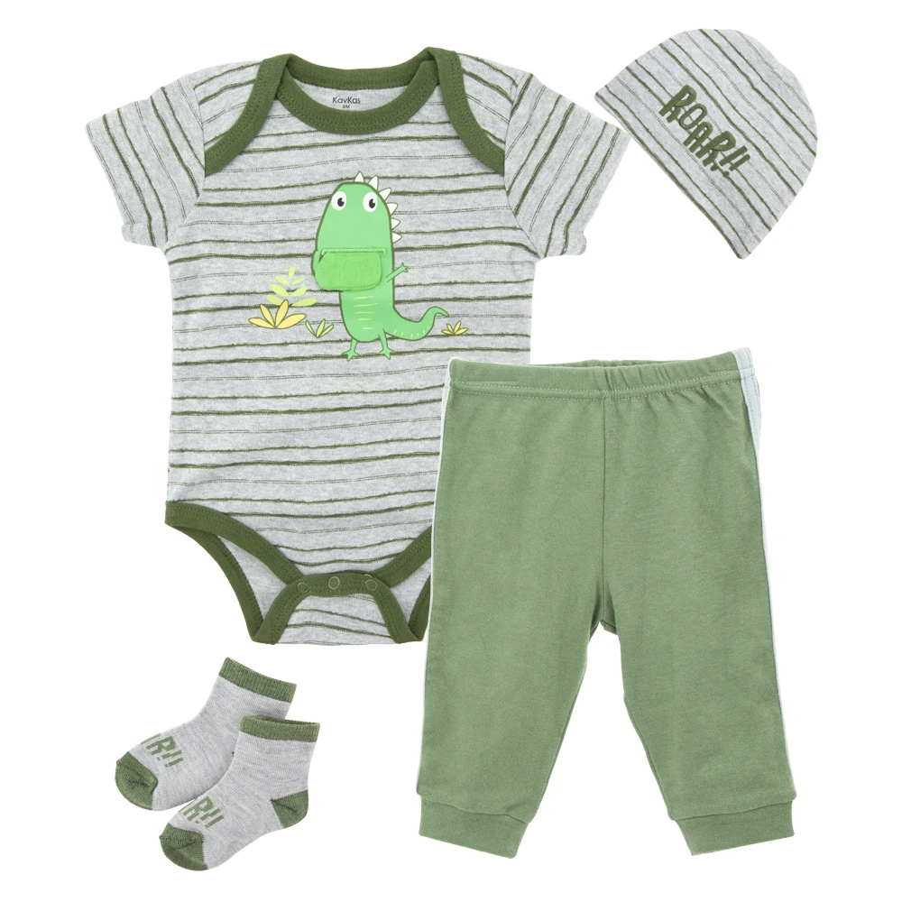 

KAVKAS Kids Clothes Set 0-2 Years Summer Short Sleeve Cotton Outwear Bodysuit+Pants+Hat+Socks Newborn Clothing