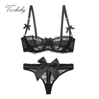 varsbaby sexy lace transparent half cup lingerie set unlined bras bow thongs bra set