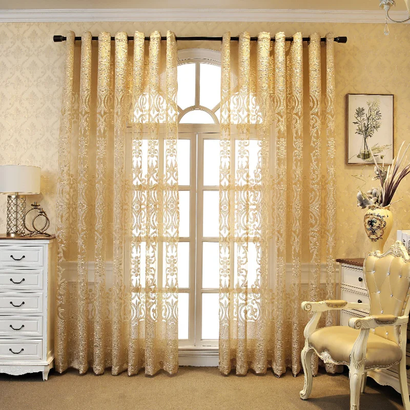 

European Luxury Hollow Light Yellow Jacquard Geometric Tulle Curtains for Living Room Delicate Fabric for Bedroom Drape MY521#40