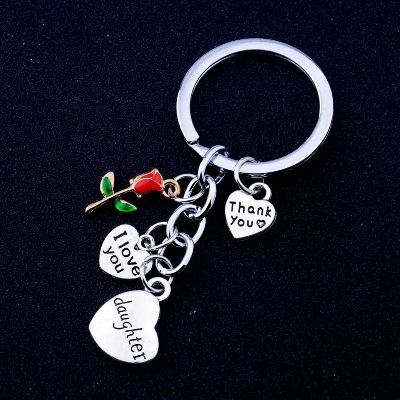 

Fashion Rose Flowers I Love You Heart Charms Keychain Family Daughter Mom Key Chains Thank You Gifts Keyring