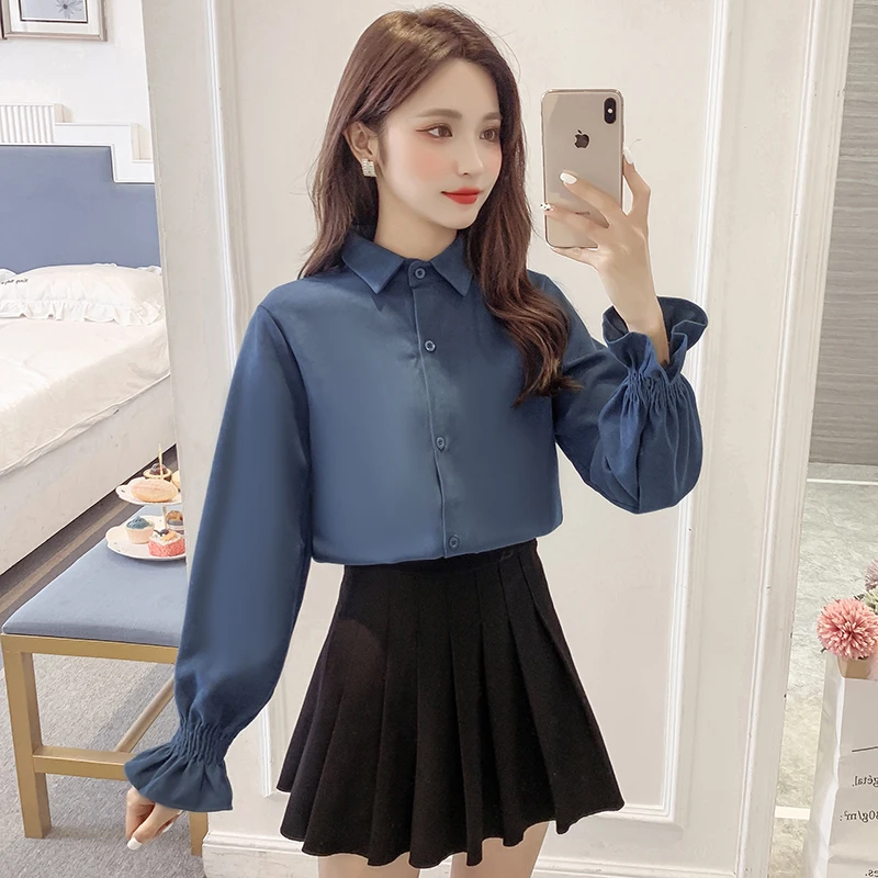 

COIGARSAM Vintage Full Sleeve Shirt Womens tops Women shirts White Blue 8153