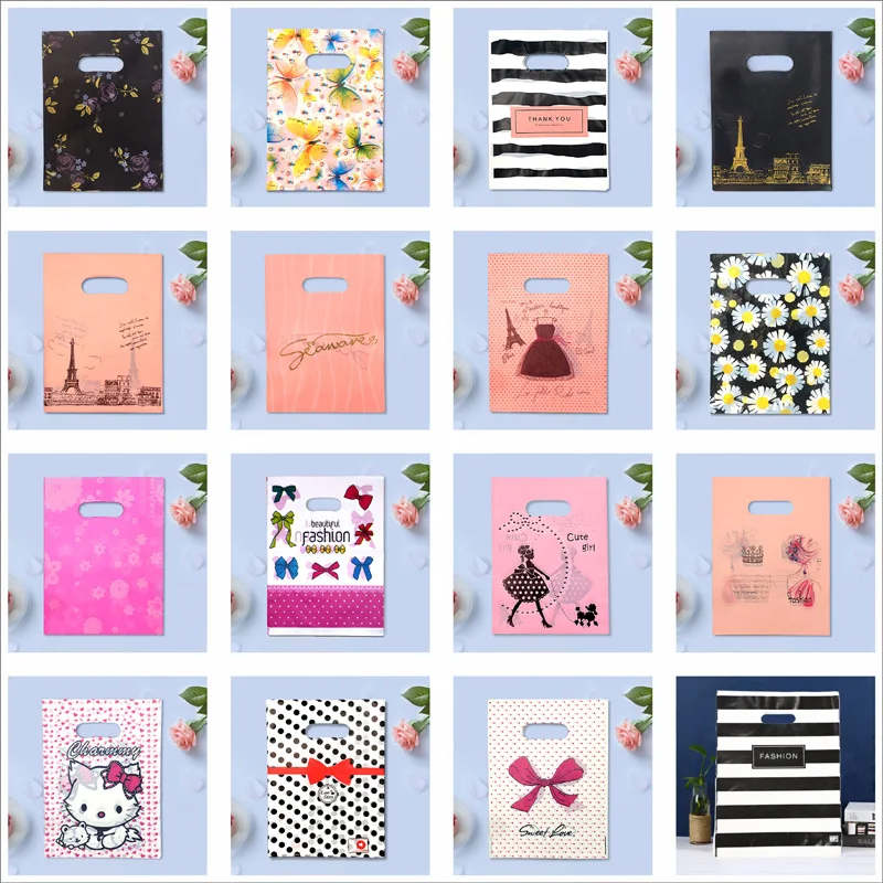 

50pcs 25x35cm Various Patterns Jewelry Plastic Bag With Handle Party Favor Bag Gift Thick Shop Gift Shopping Packaging Pouches