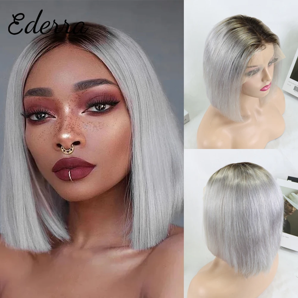 Bob Grey Human Hair Wig Grey Lace Front Wig Brazilian Remy Gray Transparent Lace Wigs 13*4 Lace Front Human Hair Wigs For Women