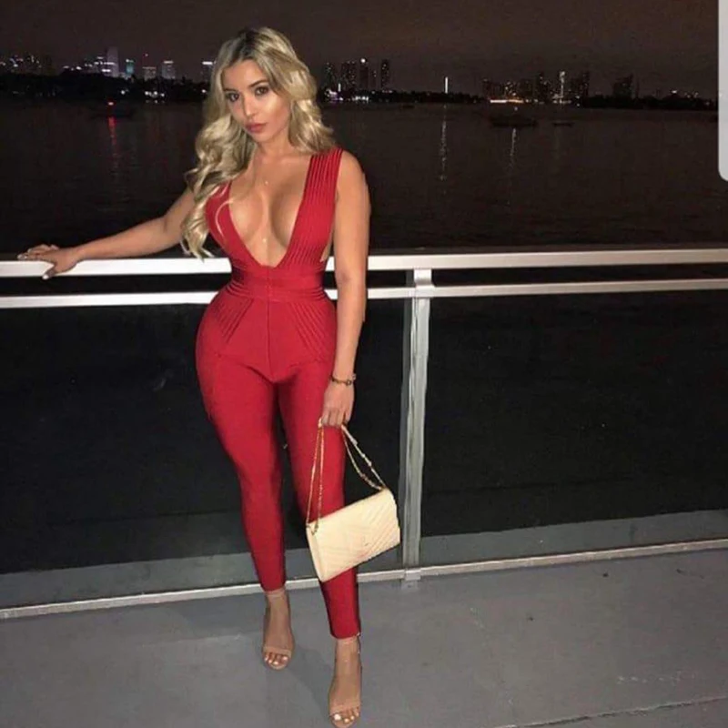 

2019 Women fashion Red Sleeveless Bandage Jumpsuit Bodycon Deep V Neck Solid Verano Clubwear Good Quality Celebrity party Festa