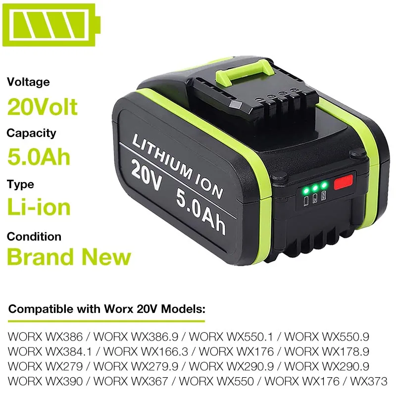 20V 5.0Ah Li-Ion Power Tool Replacement Rechargeable Battery for Worx WA3553 WA3551 WX390 WX176 WX178 WX550 WX678 WX373 WA3572 |