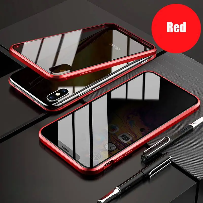 Red 360 Protection Privacy Glass Magnetic Metal Case For iPhone XS Max XR XS X 7 8 6 6S Plus Anti-Peeping Case For iPhone 11 Pro Max - Цвет: Red