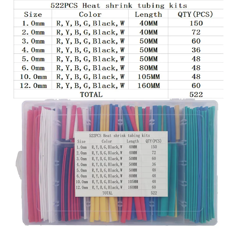 

522pcs 280pcs Heat Shrink Tubing Insulation Shrinkable Tube Assortment Electronic Polyolefin Wire Cable Sleeve Kit