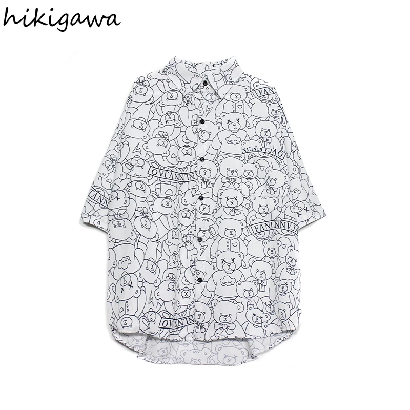 

Hikigawa Cartoon Print Ladies Tops Vintage Korean Short Sleeve Men Shirts Lovers Clothes Harajuku Blusas Fashion Loose Shirt