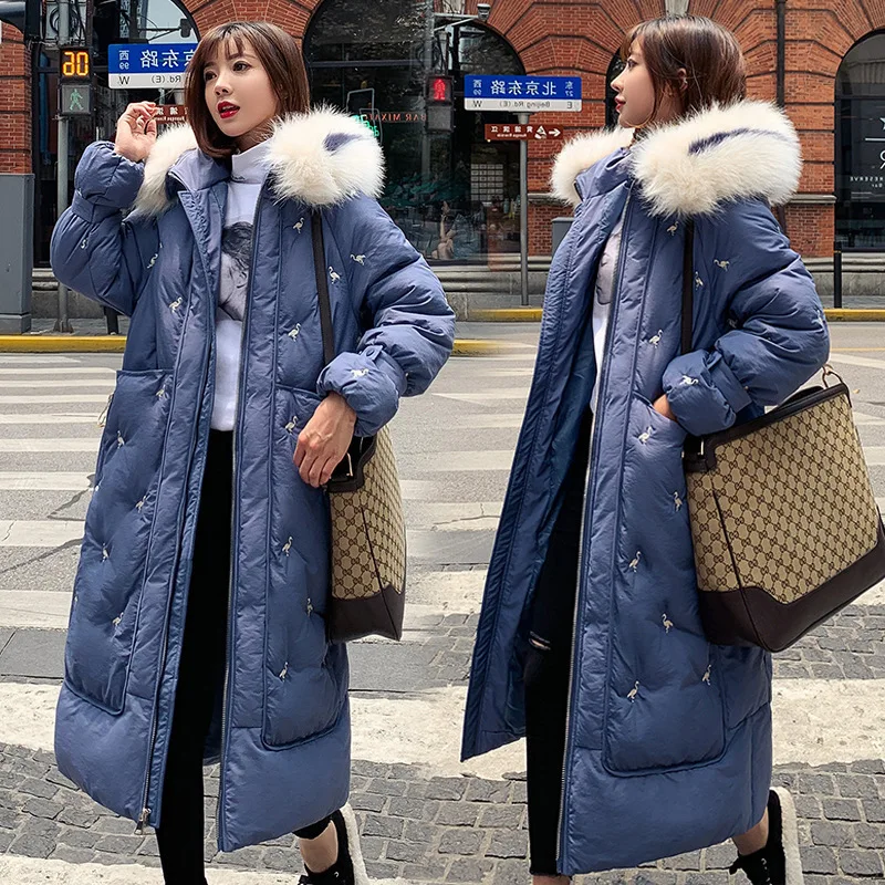 2021 Velvet Warm Down Parka Big Collar Big Fur Winter Large Code Thick Jacket Loose Collar Female FashionLong Embroidery Winter