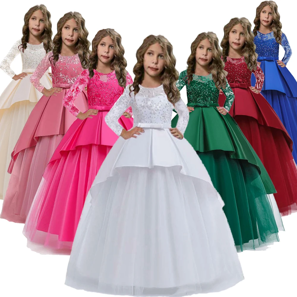 

Hot Sales 2020 New Style White flower girl dresses For Weedings first communion party Dress Long Sleeves girls ball gown 10 Year