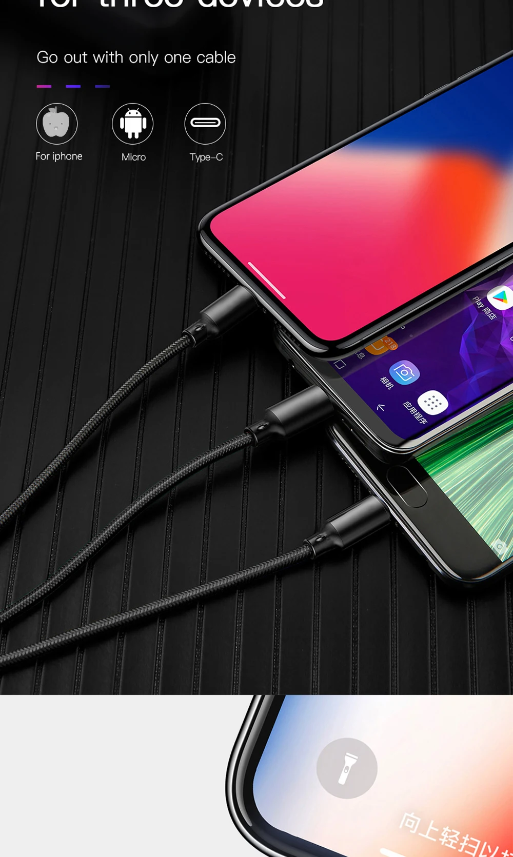 FBYEG 3 в 1 USB кабель для мобильного телефона Micro usb type C кабель зарядного устройства для iPhone XR XS Max X huawei шнур для быстрой зарядки данных