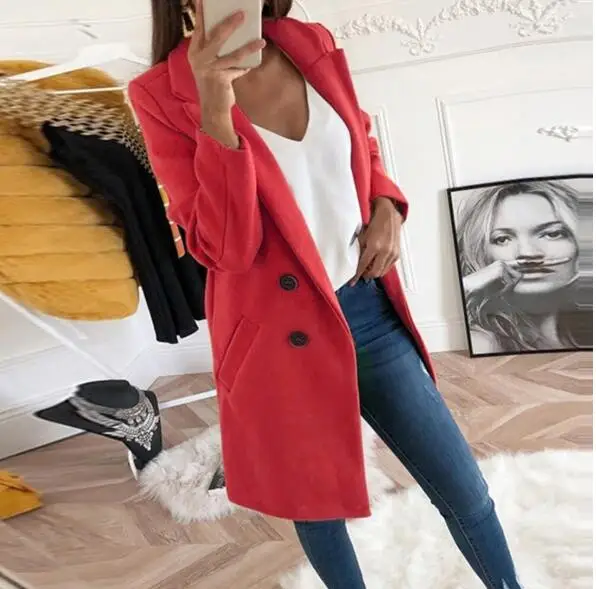 Зимнее модное женское новое пальто 2019 шерстяное средней длины с длинным рукавом
