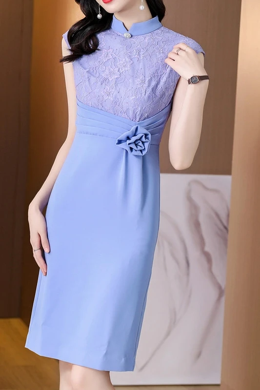 

COIGARSAM Women Dress Summer 2021 New Office Lady Patchwork Lace Blue Khaki Dresses Traf Vestidos Robe
