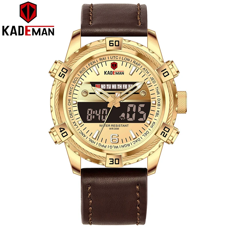 K6173-G-G-BN Роскошные Для мужчин спортивные часы лучший бренд KADEMAN светодиодный цифровые милитари часы армии Наручные часы Человек Автоматическая Дата Часы Relogio Masculino - Цвет: K6173-G-G-BN