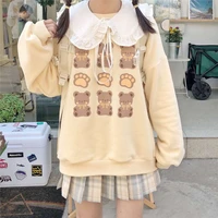 qweek kawaii bear print hoodie anime jk soft girl 2021 fashion women harajuku cute crewneck long sleeve sweatshirt women tops
