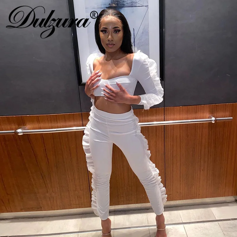 

Dulzura 2021 Autumn Winter Women Lace Ruffle Patchwork 2 Pieces Long Sleeve Crop Top Leggings Set Skinny Streetwear Tracksuit