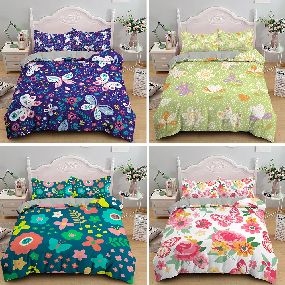

Muiltcolor Butterfly And Flower Duvet Cover With Pillowcase 2/3pcs Kids Adult Single Double King Queen Bedding Sets