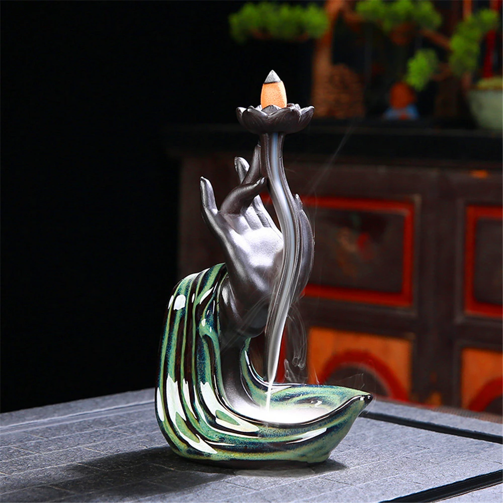 Ceramic Blackflow Incense Burner with 20pcs Incenses Bergamot Lotus Creative Wealth Ornaments Home Office Decoration | Дом и сад