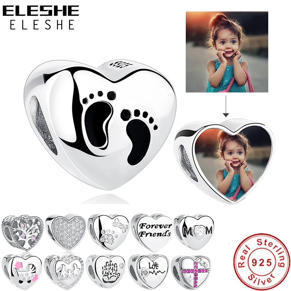 

ELESHE Romantic Custom Photo Heart Charms fit Original Pandora Bracelet 925 Sterling Silver Beads DIY Original Jewelry Making
